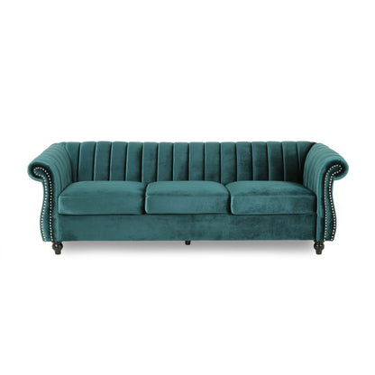 Teal Velvet 3-seater Rolled Arms Sofa with Button Tufting
