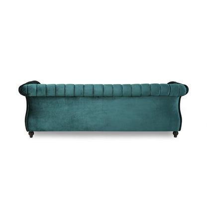 Teal Velvet 3-seater Rolled Arms Sofa with Button Tufting