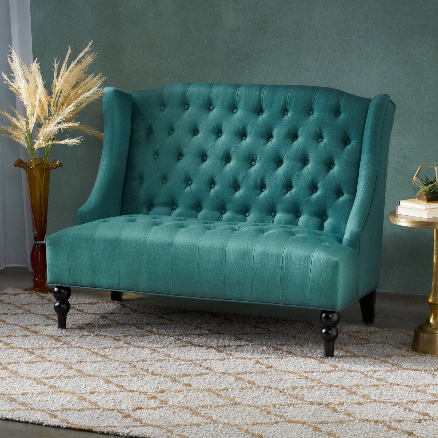 Teal Velvet Button Tufted High Wingback Loveseat Sofa