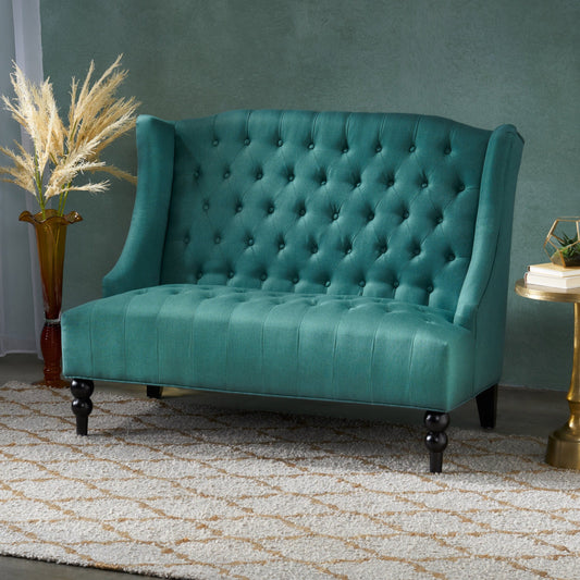 Teal Velvet Button Tufted High Wingback Loveseat Sofa