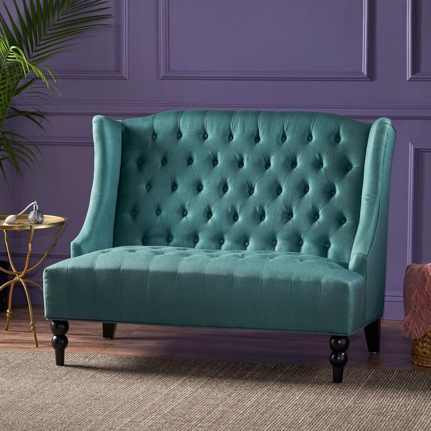 Teal Velvet Button Tufted High Wingback Loveseat Sofa