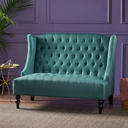 Teal Velvet Button Tufted High Wingback Loveseat Sofa