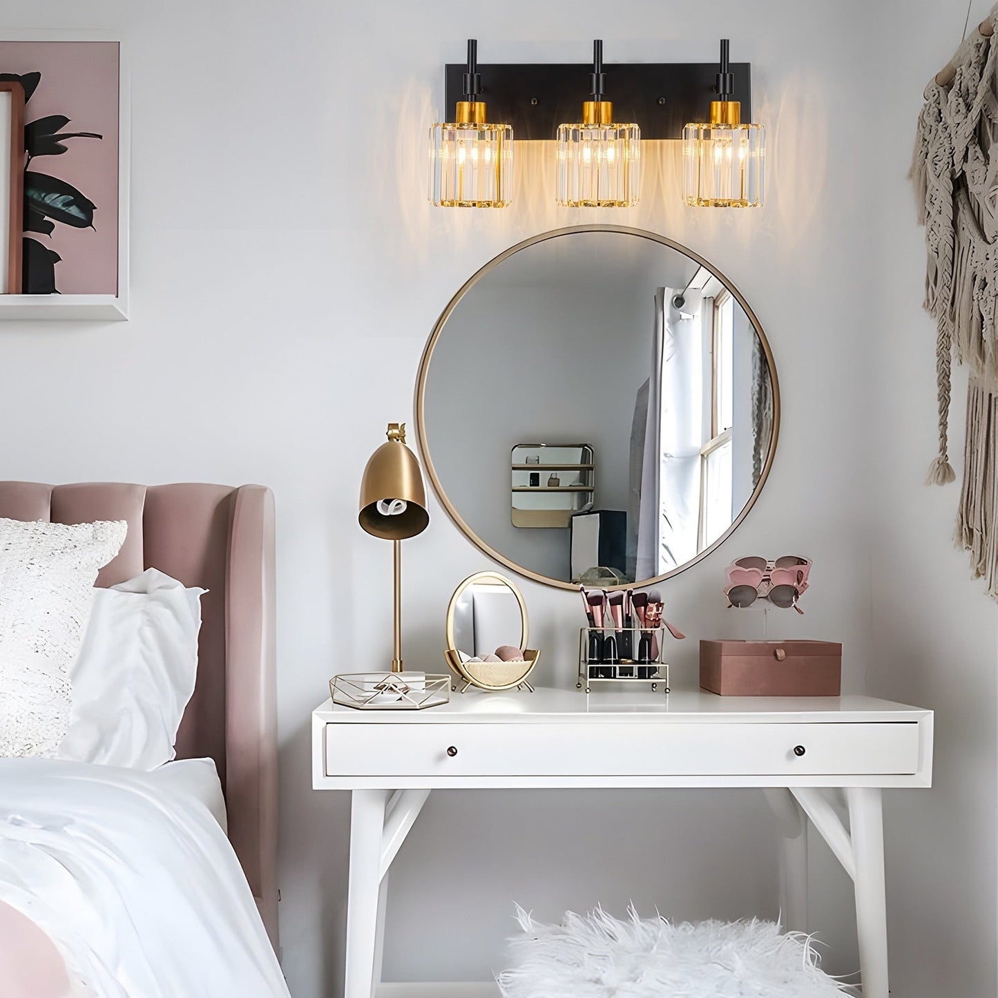 Moderne dimmbare Kristall-Badezimmer-Wandleuchten mit Waschtischleuchten und Kristallschirmen