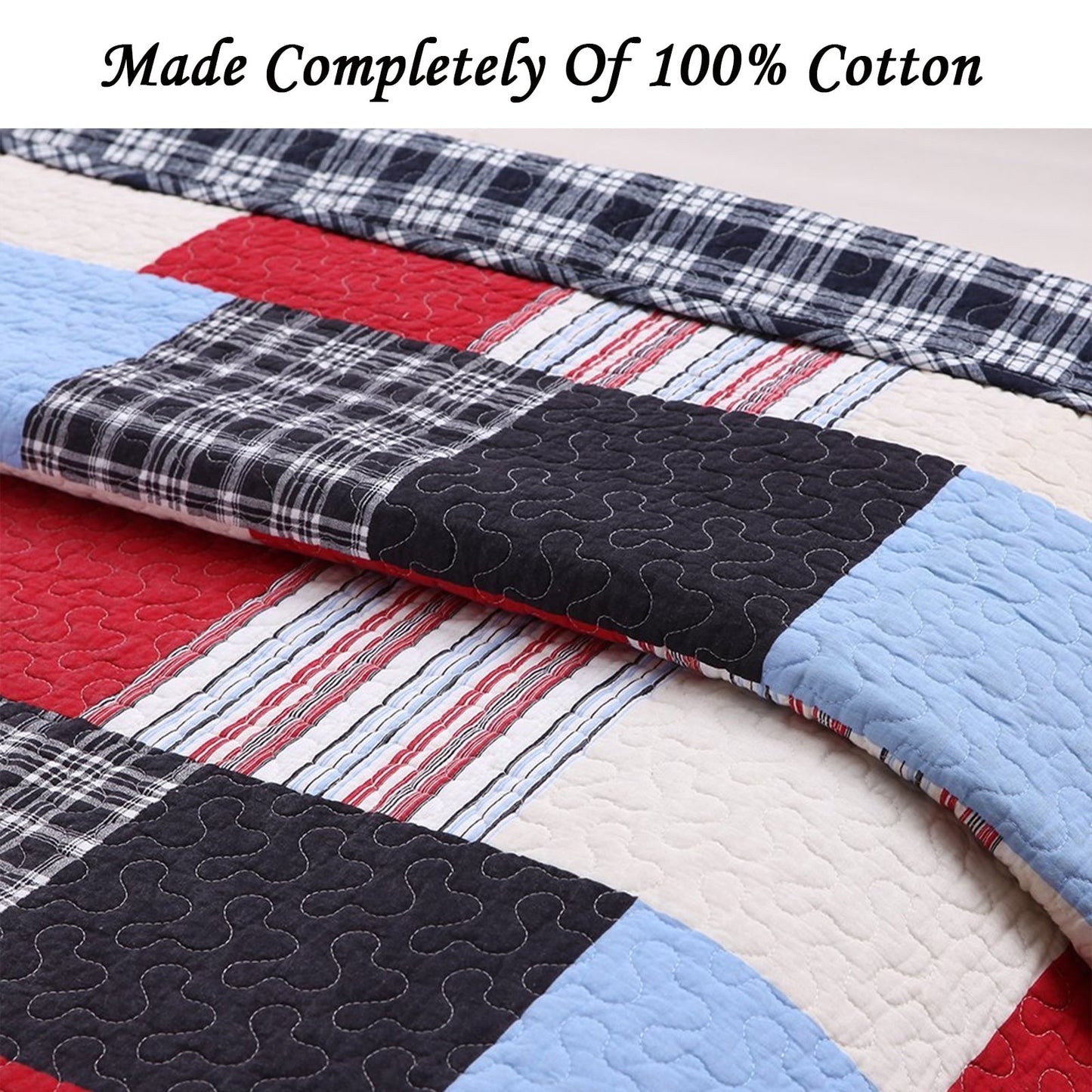 Thomas Firetruck Blau Rot Plaid Patchwork Queen Quilt Bettwäsche Set