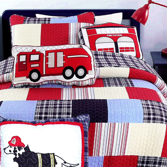 Thomas Firetruck Blau Rot Plaid Patchwork Queen Quilt Bettwäsche Set
