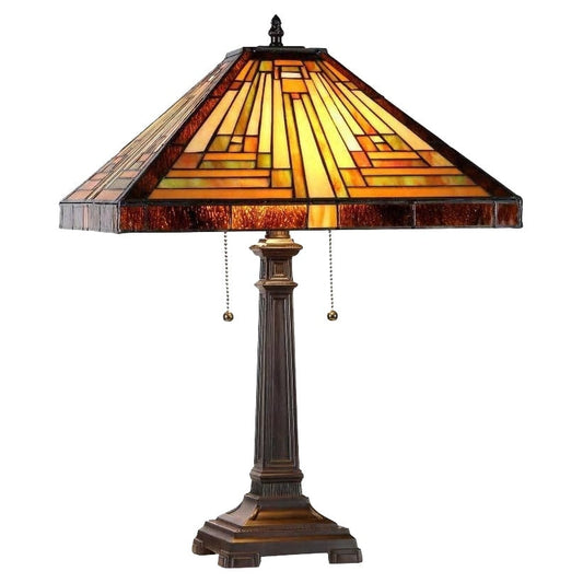 Tischlampe im Mission-Design im Tiffany-Stil mit 2 Lichtern in dunkler Antikbronze