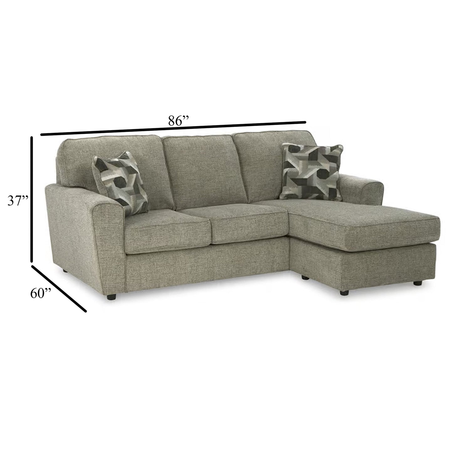 Timu L Shaped Sofa Chaise, 86 Inch, 2 Accent Pillows, Gray Polyester
