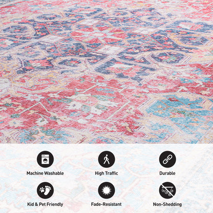 Traditional Distressed Vintage Machine Washbale Multi Area Rug
