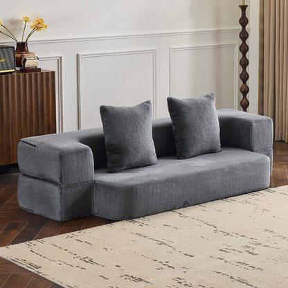 Transformable Sectional Sofa with 3 Ottoman Stools - Supportive Foam Fold-Out Bed, Compact Chenille Lounger