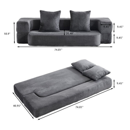 Transformable Sectional Sofa with 3 Ottoman Stools - Supportive Foam Fold-Out Bed, Compact Chenille Lounger