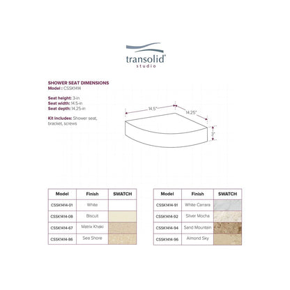 Transolid Studio Eck-Duschsitz aus massiver Oberfläche, wandmontiert, 35,6 x 35,6 cm, 14,5 x 14,25 x 3