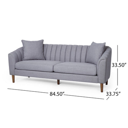 Troc Sofa, Retro Channel Stitching, 85 Inch Solid Wood, Light Gray