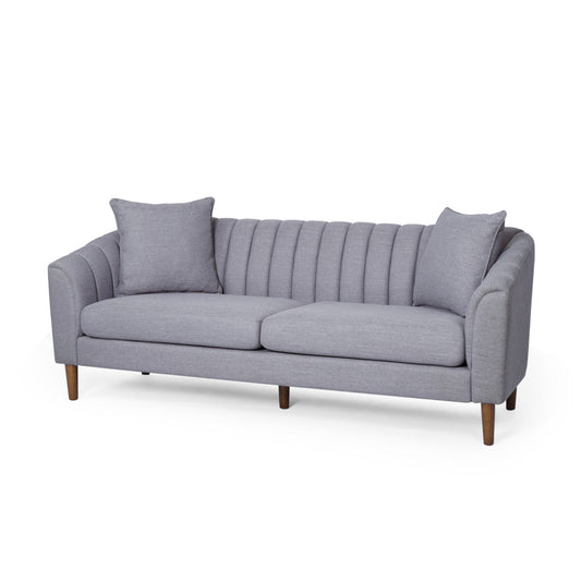 Troc Sofa, Retro Channel Stitching, 85 Inch Solid Wood, Light Gray