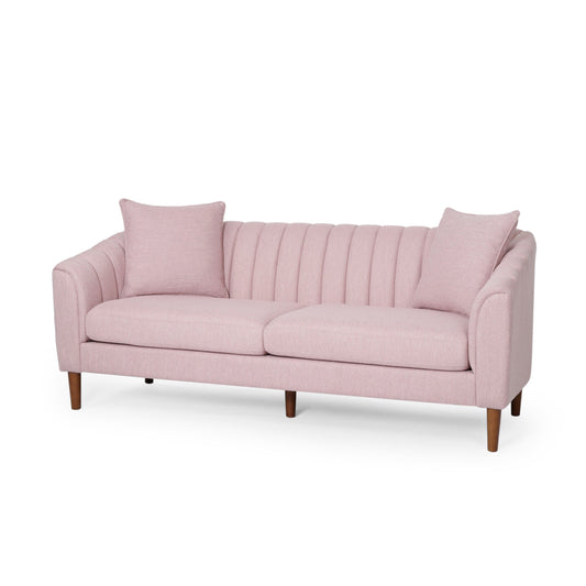 Troc Sofa, Retro Channel Stitching, 85 Inch Solid Wood, Light Pink