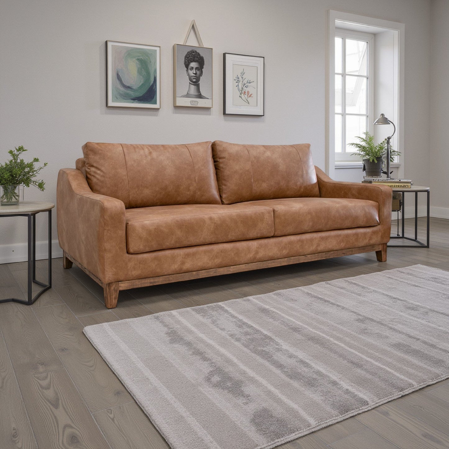 Tuba Sofa, Cognac Faux Leather, Foam Cushions, Solid Pine Wood, 88 Inch