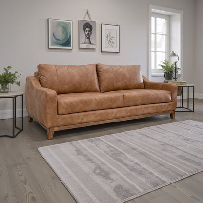 Tuba Sofa, Cognac Faux Leather, Foam Cushions, Solid Pine Wood, 88 Inch