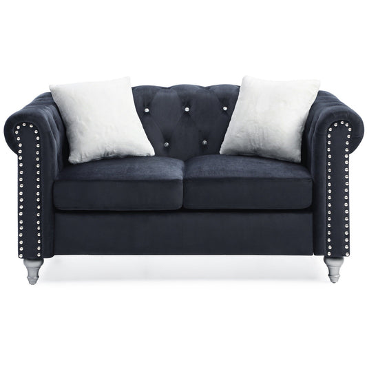 Tufted Faux Jewel Velvet 2-Seater Sofa with Throw Pillows - 60 - Black