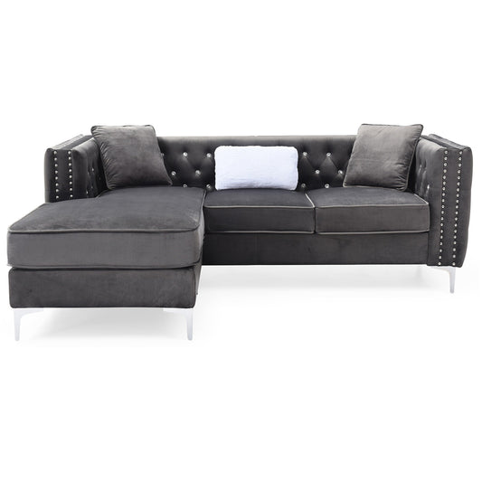 Tufted Velvet L-Shape 3-Seater Sofa with Throw Pillows - 87 - Gray