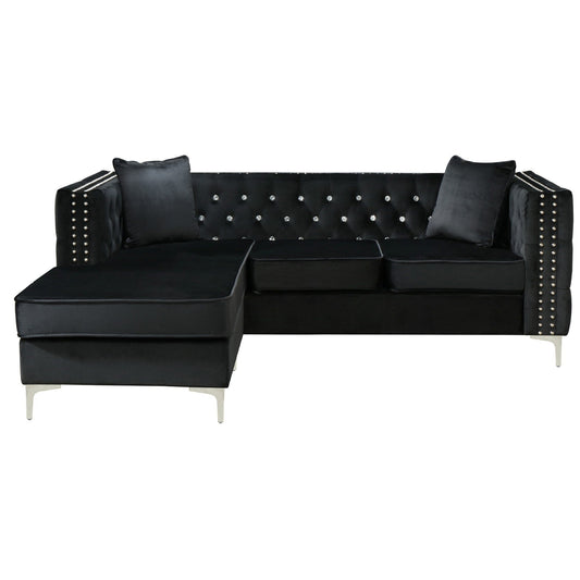 Tufted Velvet Sectional Sofa with Throw Pillows - 87 - Black