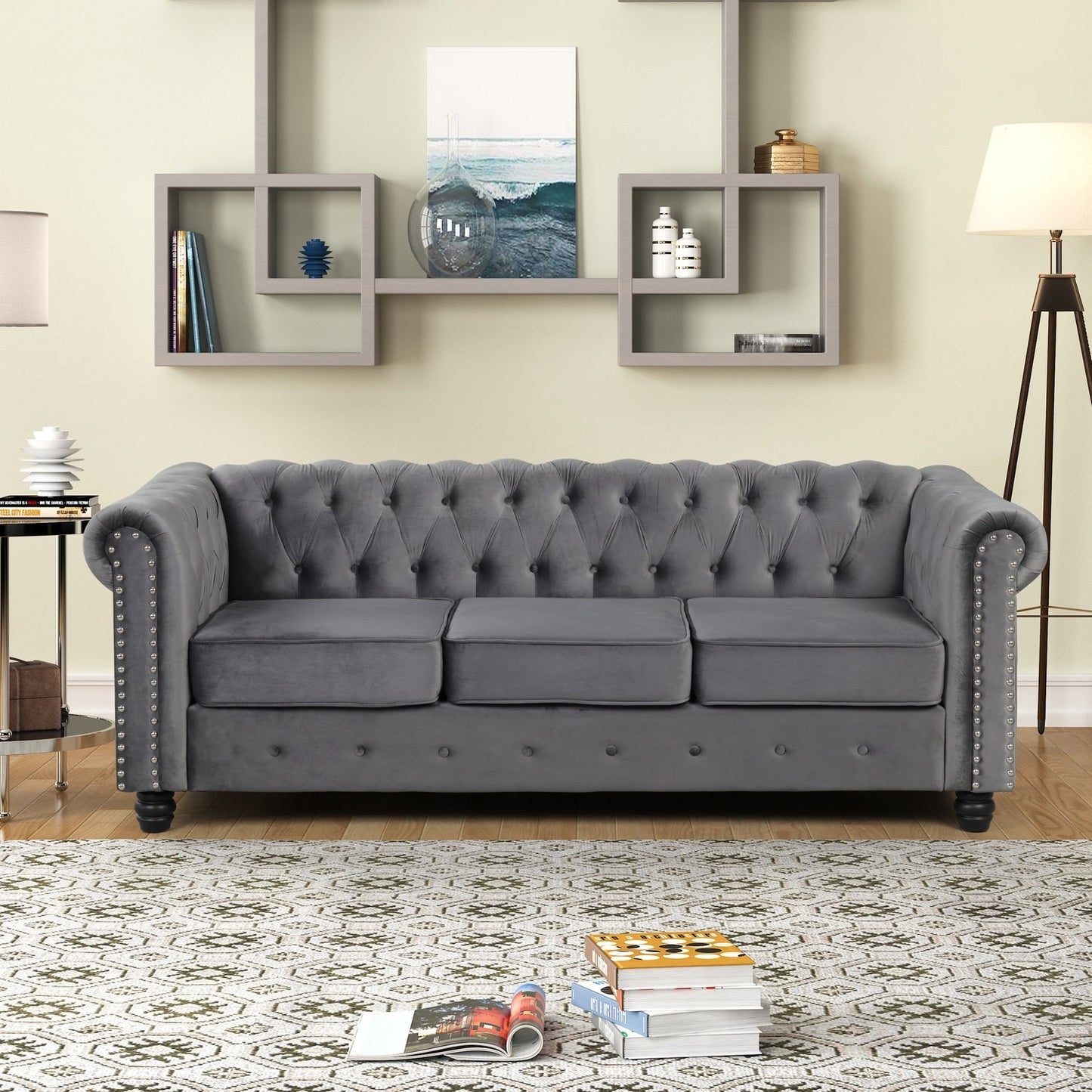 Morden Fort Velvet Upholstered Chesterfield Sofa with Nailhead and Solid Legs for Living Room