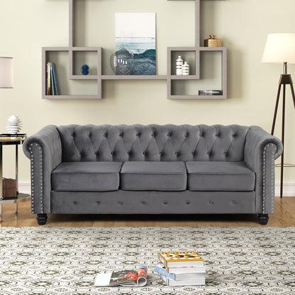 Morden Fort Velvet Upholstered Chesterfield Sofa with Nailhead and Solid Legs for Living Room