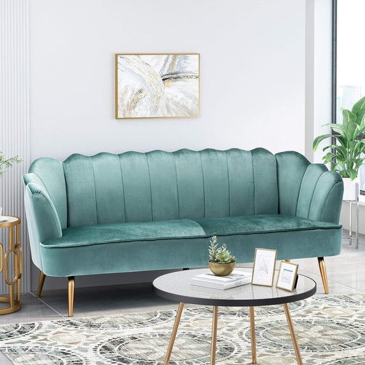Turquoise Velvet Channel Stitched 3-seater Sofa with Metal Legs