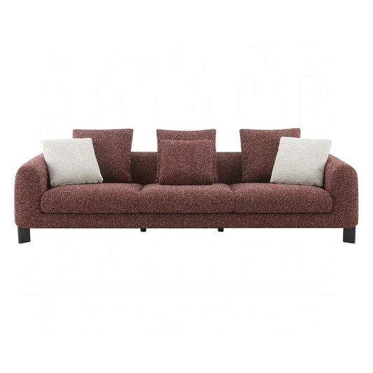 Tweed Fabric Upholstered Sofa with 3 Pillows in Maroon
