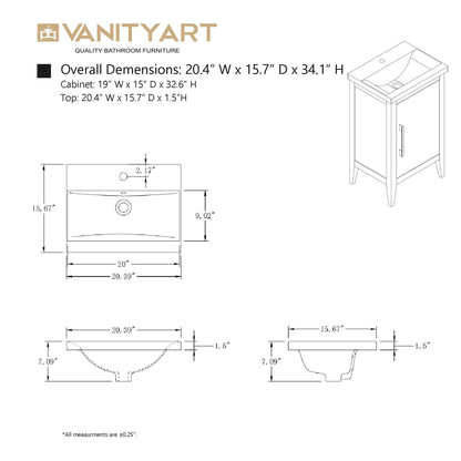 Vanity Art 20 oder 24 oder 30 Badezimmer-Waschtisch mit Einzelwaschbecken und Keramikplatte