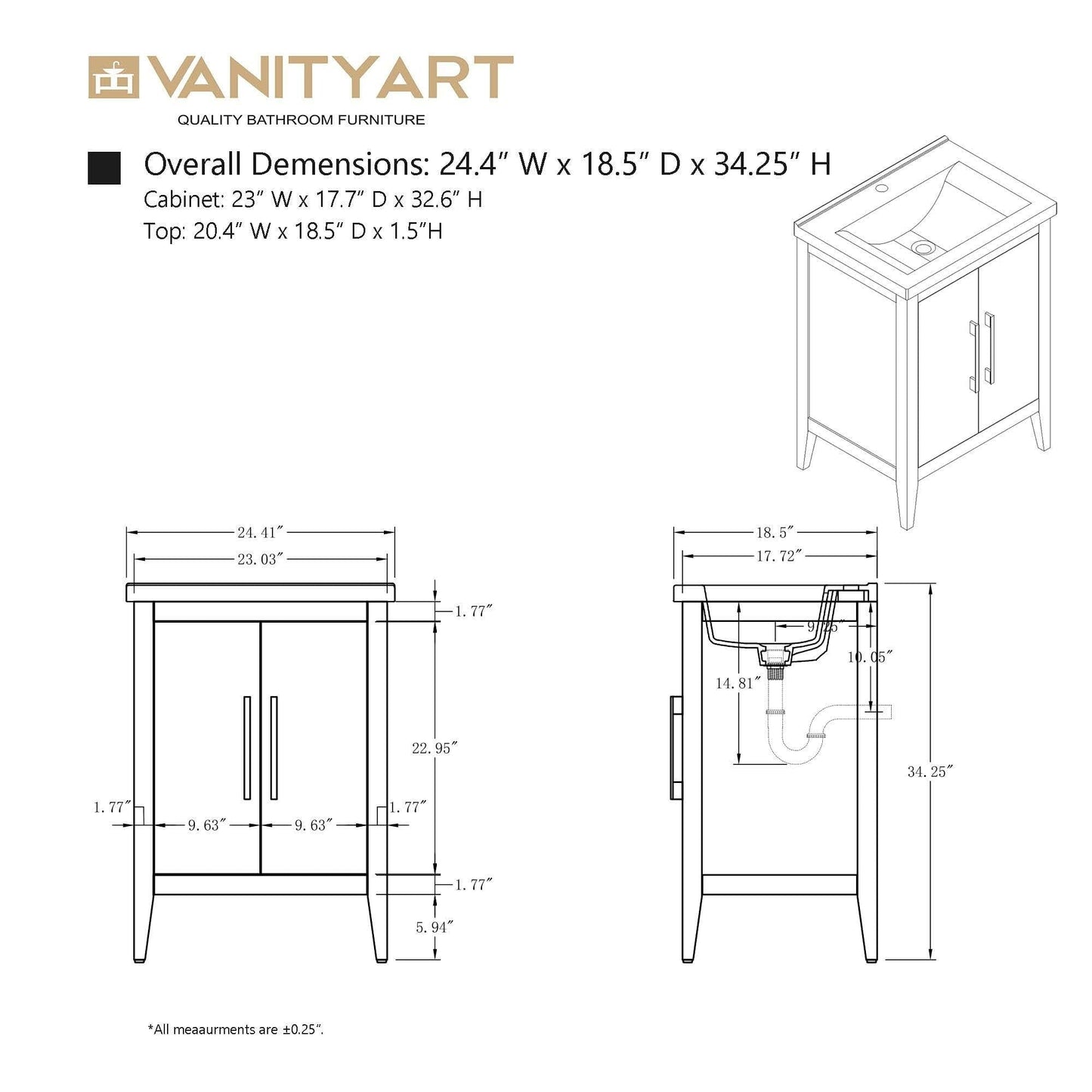 Vanity Art 20 oder 24 oder 30 Badezimmer-Waschtisch mit Einzelwaschbecken und Keramikplatte