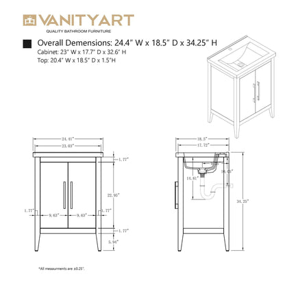 Vanity Art 20 oder 24 oder 30 Badezimmer-Waschtisch mit Einzelwaschbecken und Keramikplatte