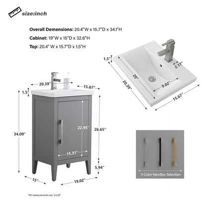Vanity Art 20 oder 24 oder 30 Badezimmer-Waschtisch mit Einzelwaschbecken und Keramikplatte