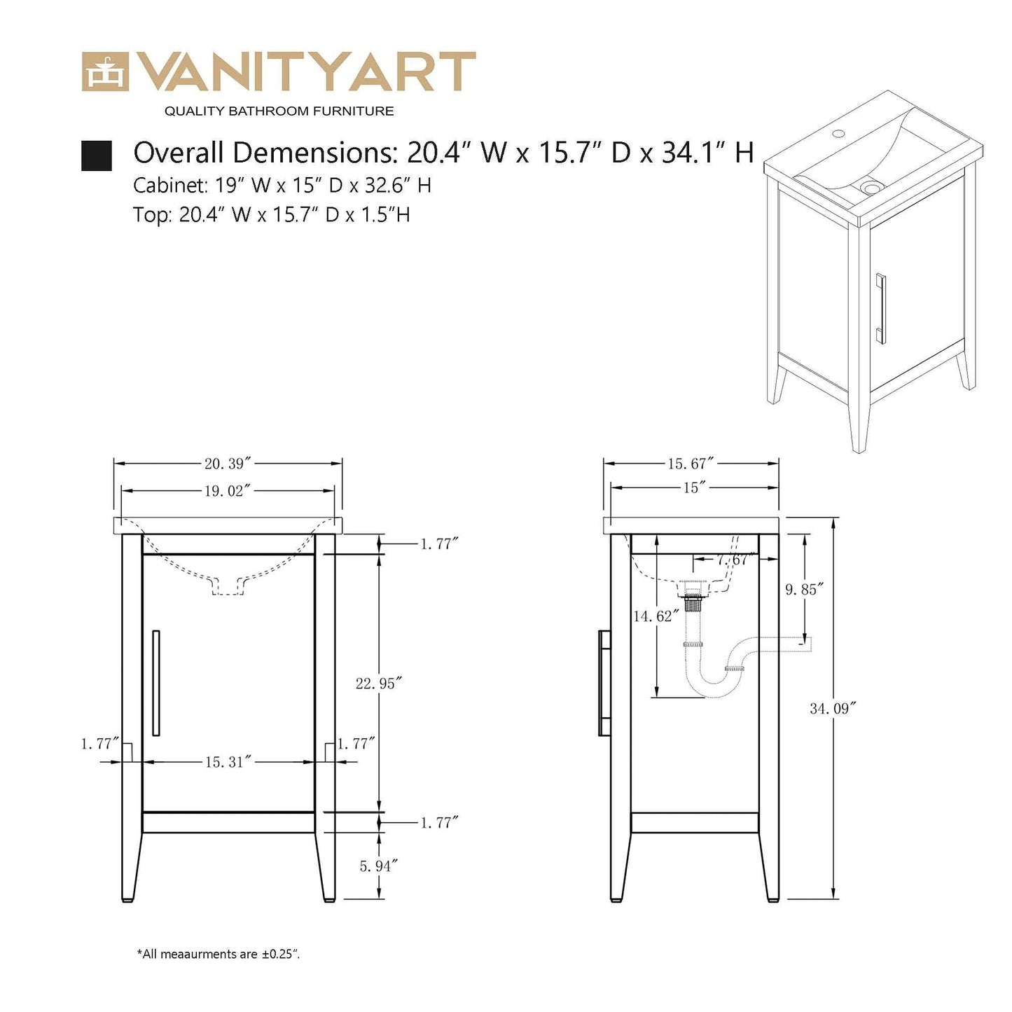 Vanity Art 20 oder 24 oder 30 Badezimmer-Waschtisch mit Einzelwaschbecken und Keramikplatte