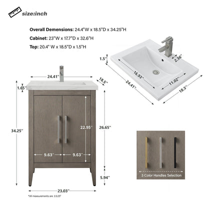 Vanity Art 20 oder 24 oder 30 Badezimmer-Waschtisch mit Einzelwaschbecken und Keramikplatte