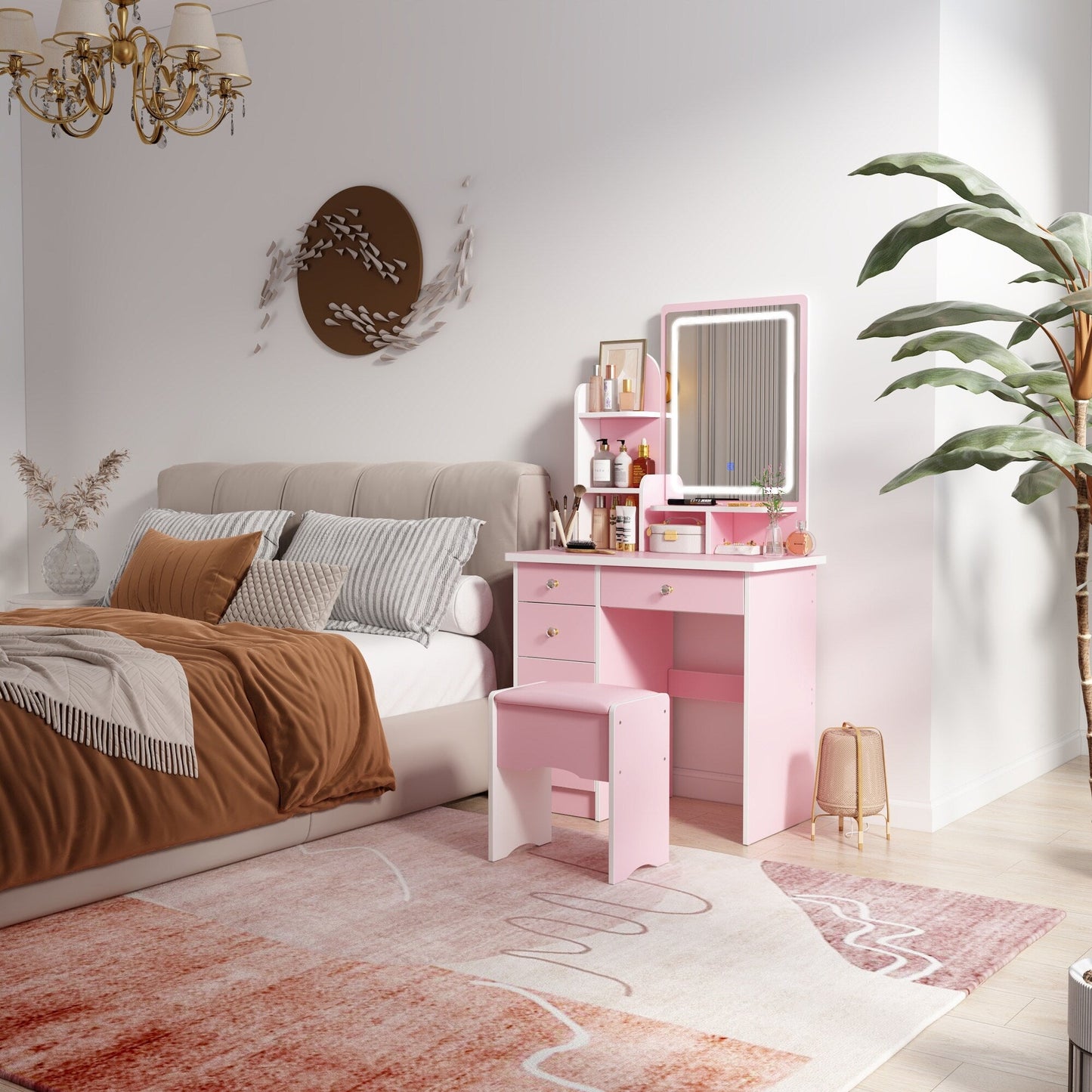 Schminktisch-Set mit Spiegel und Lampe, Schminktisch für Zuhause mit Hocker