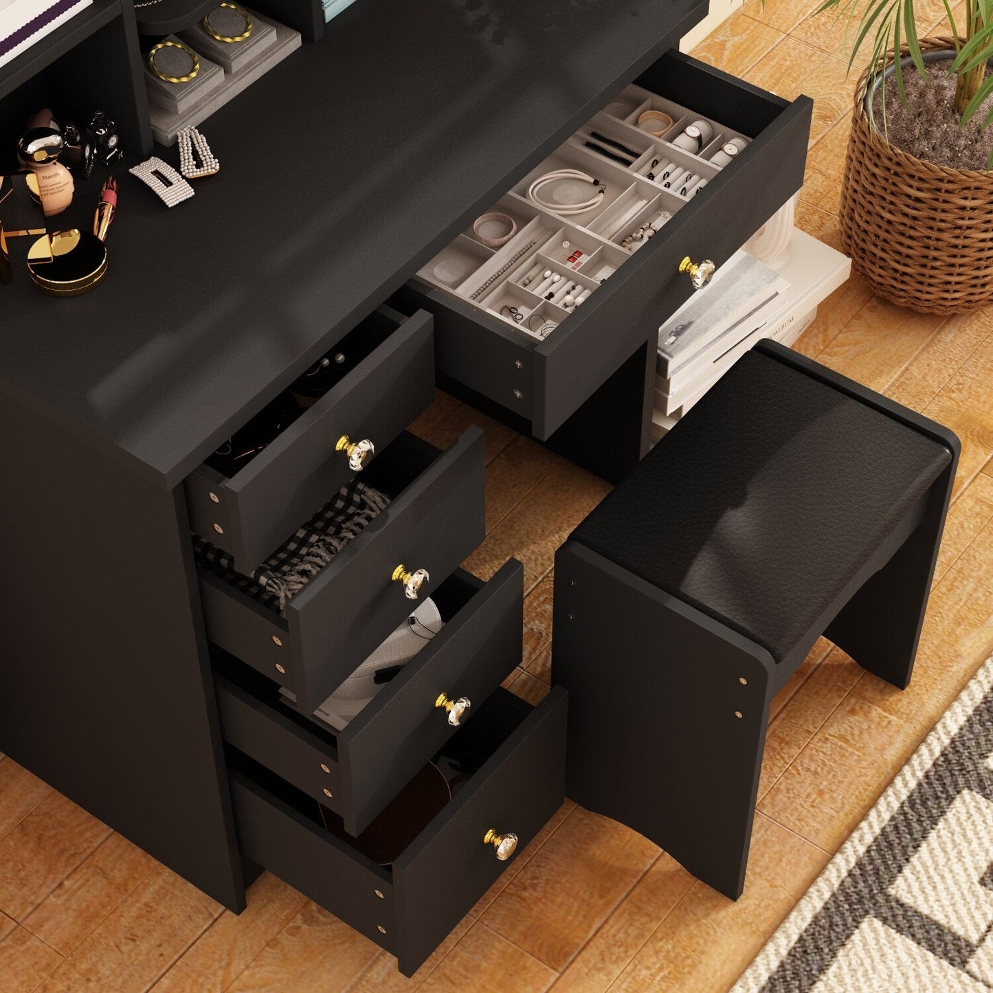 Schminktisch-Set mit Spiegel und Lampe, Schminktisch für Zuhause mit Hocker