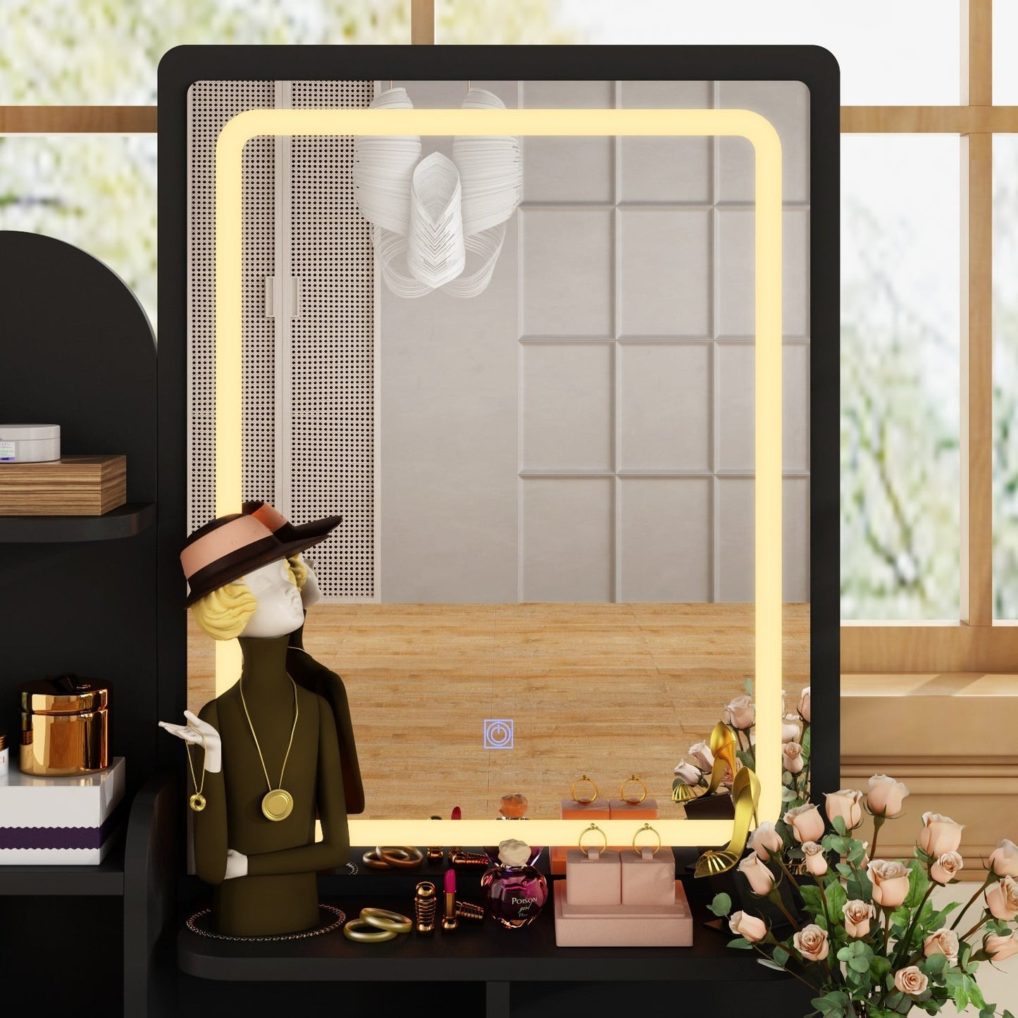 Schminktisch-Set mit Spiegel und Lampe, Schminktisch für Zuhause mit Hocker