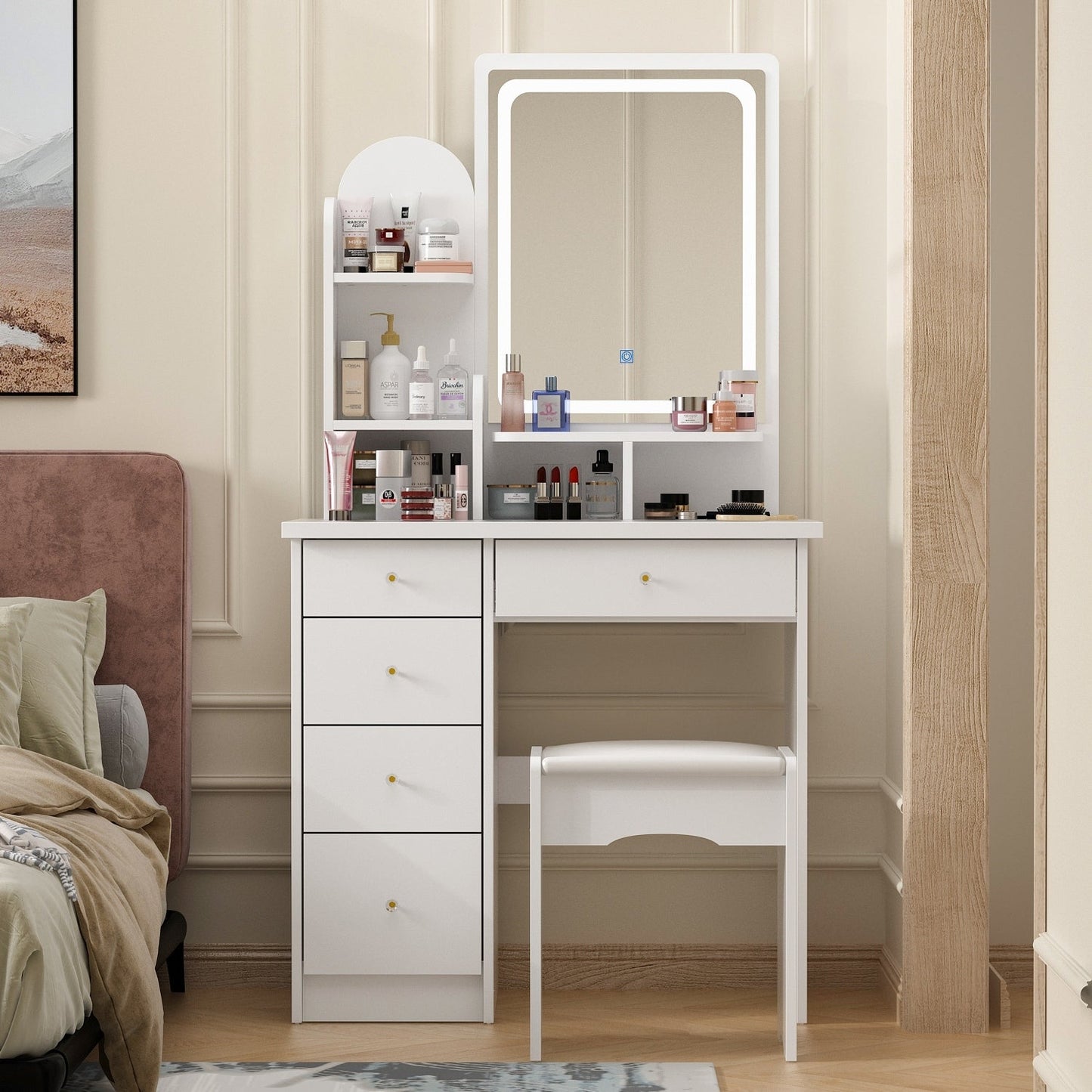 Schminktisch-Set mit Spiegel und Lampe, Schminktisch für Zuhause mit Hocker