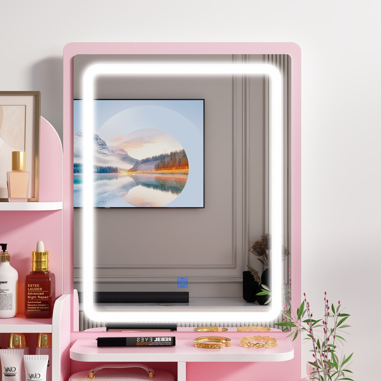 Schminktisch-Set mit Spiegel und Lampe, Schminktisch für Zuhause mit Hocker