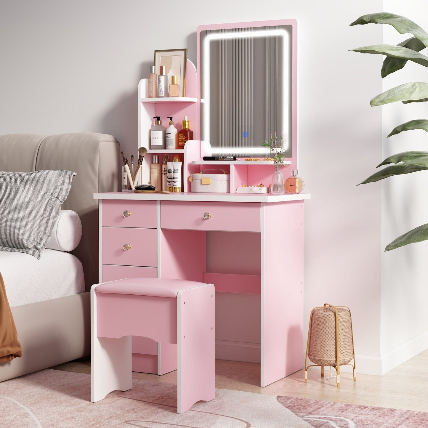 Schminktisch-Set mit Spiegel und Lampe, Schminktisch für Zuhause mit Hocker
