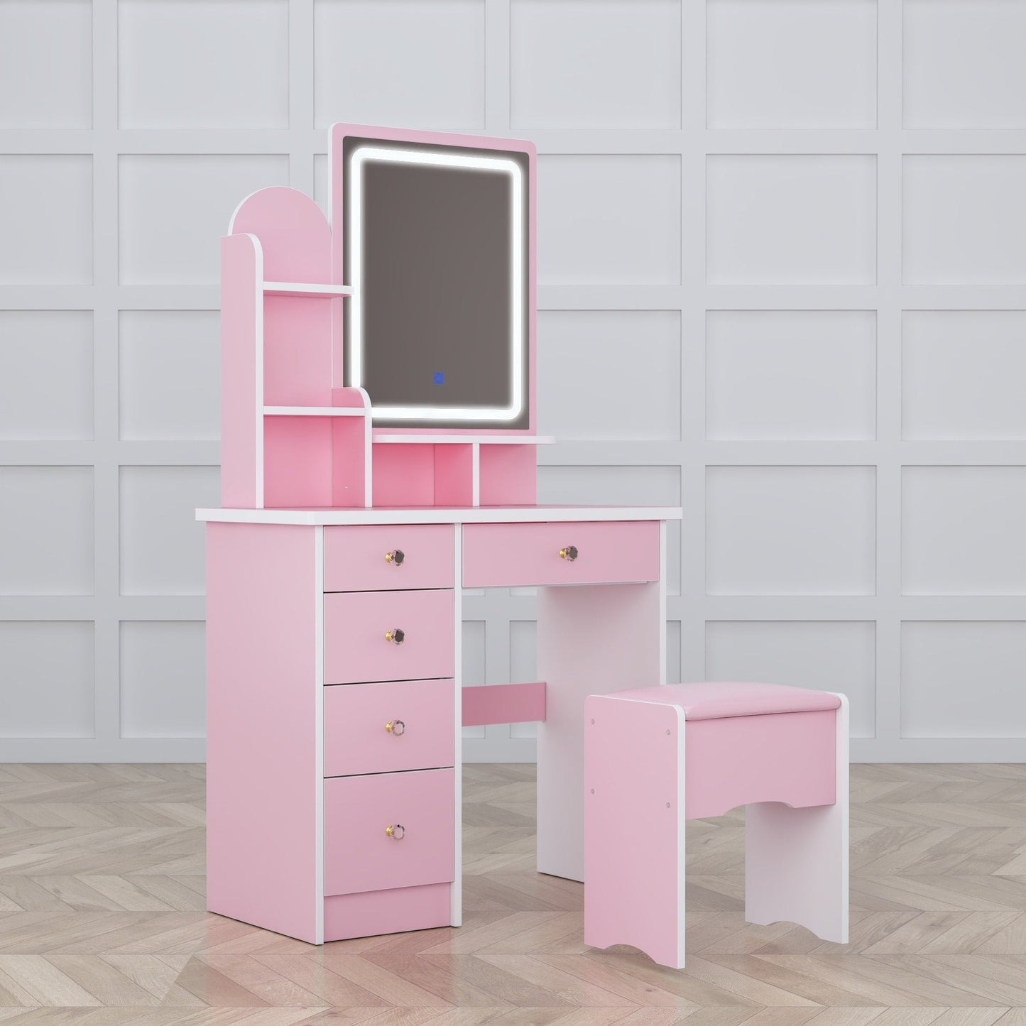 Schminktisch-Set mit Spiegel und Lampe, Schminktisch für Zuhause mit Hocker