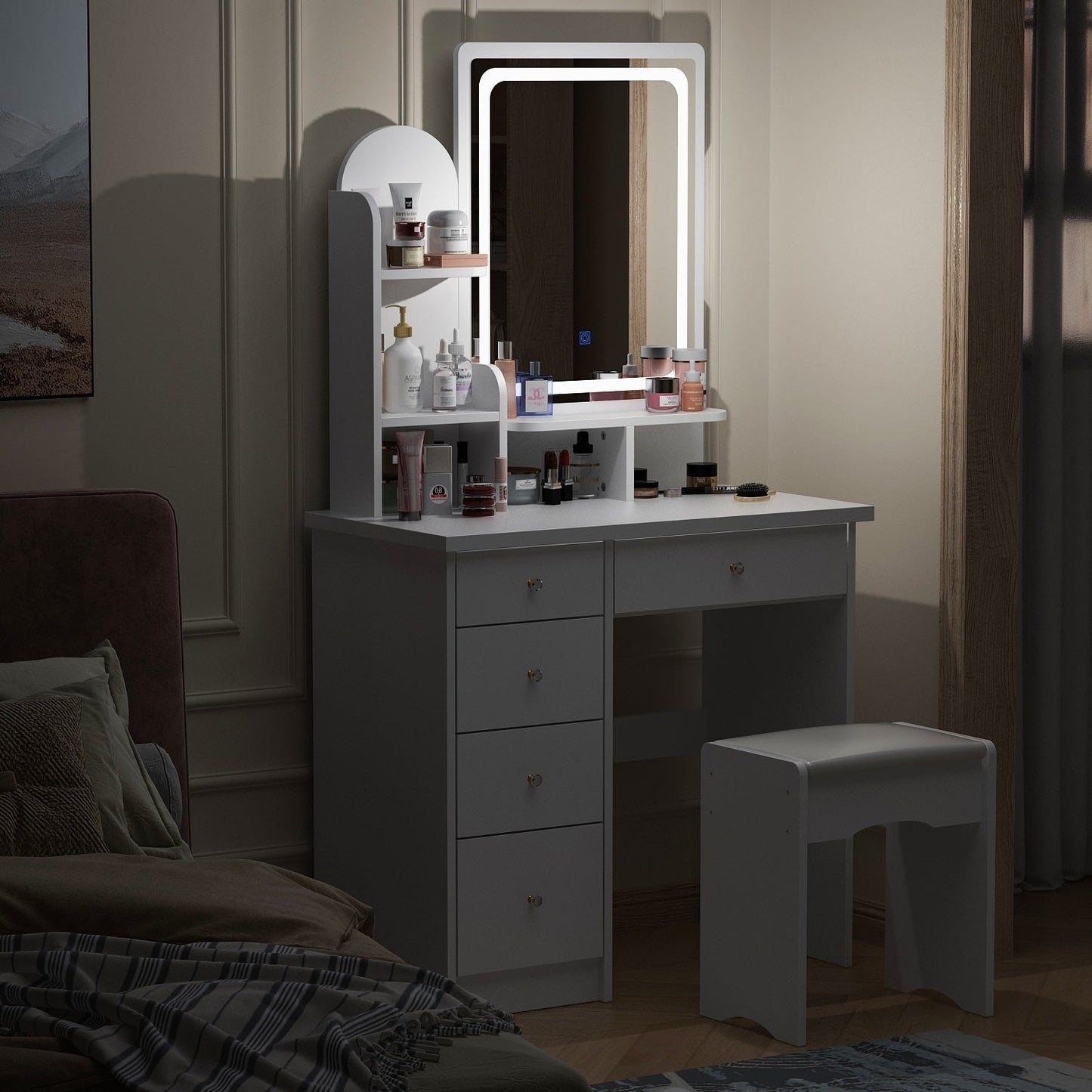 Schminktisch-Set mit Spiegel und Lampe, Schminktisch für Zuhause mit Hocker
