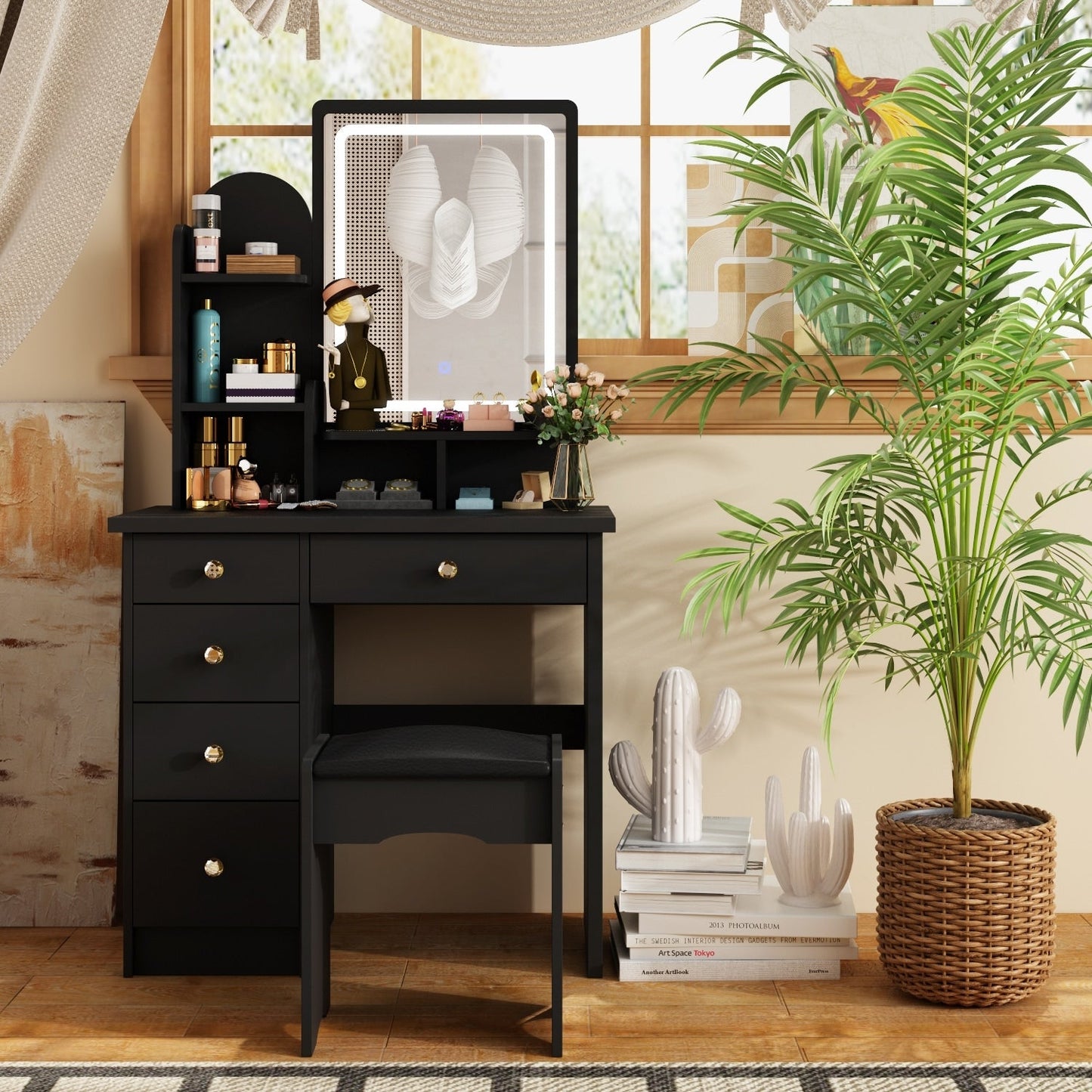 Schminktisch-Set mit Spiegel und Lampe, Schminktisch für Zuhause mit Hocker