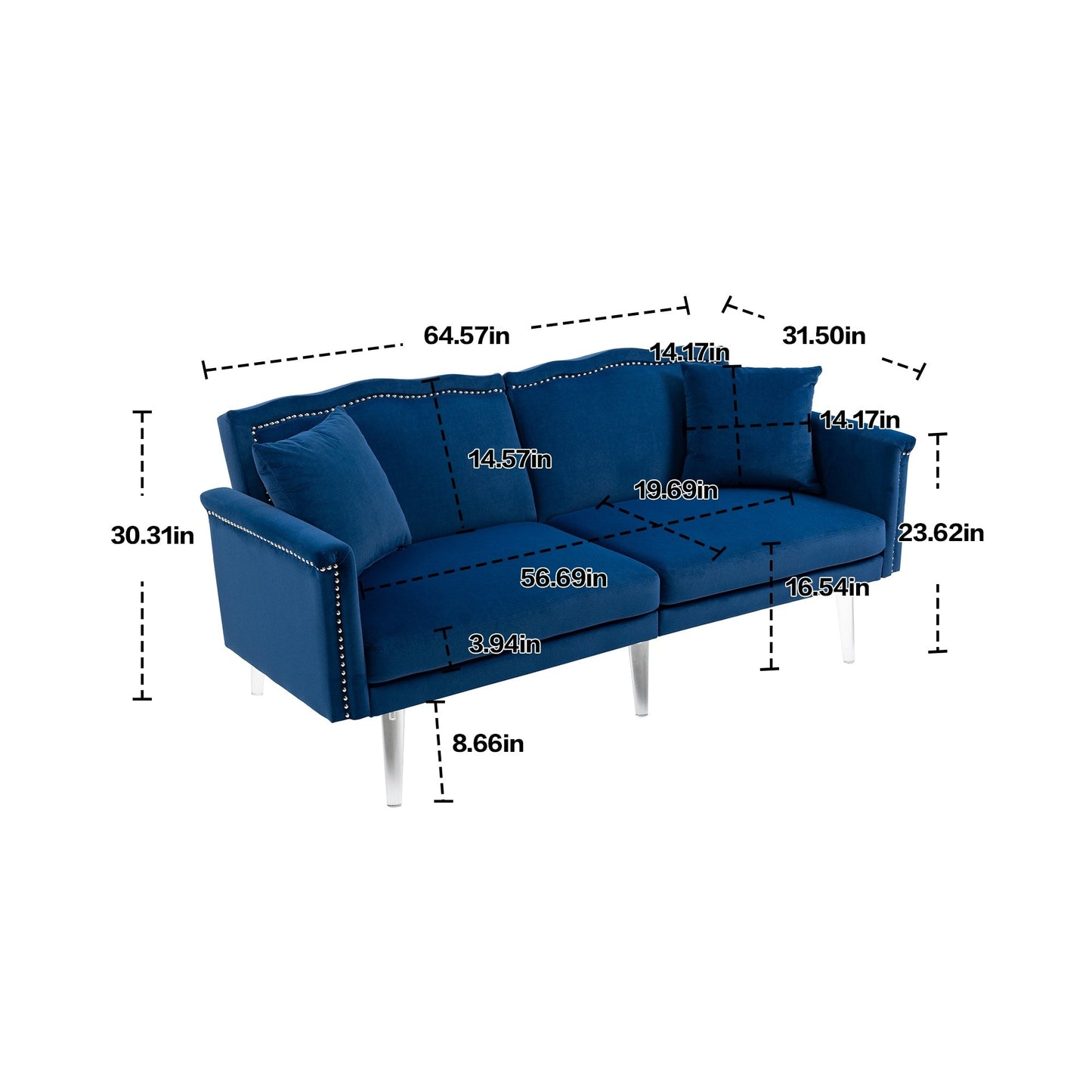 Velvet Upholstered Nailheads Loveseats Sleeper Sofa With Acrylic Feet