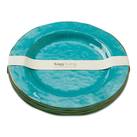 Veranda 4er-Set Essteller aus massivem Melamin-Kunststoff, rissig glasiert, 27,9 cm, spülmaschinenfest, für drinnen und draußen, Blau
