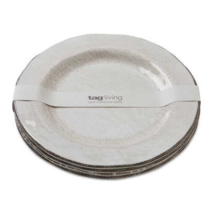 Veranda 4er-Set Essteller aus massivem Melamin-Kunststoff, rissig glasiert, 27,9 cm, spülmaschinenfest, für drinnen und draußen, elfenbeinfarben