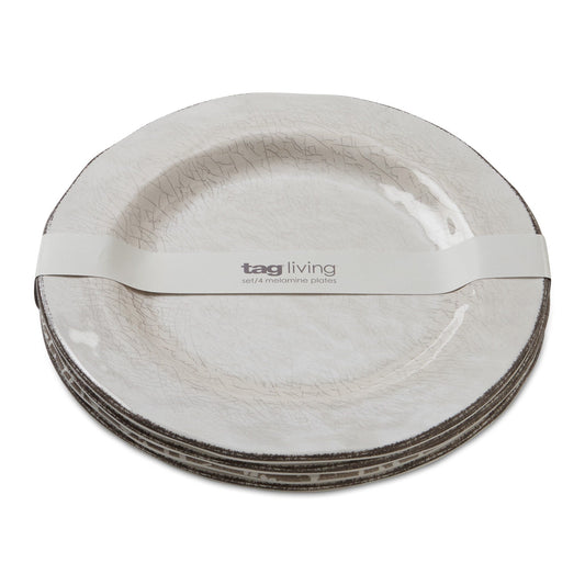 Veranda 4er-Set Essteller aus massivem Melamin-Kunststoff, rissig glasiert, 27,9 cm, spülmaschinenfest, für drinnen und draußen, elfenbeinfarben