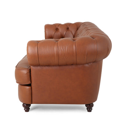 Vian 95 Inch 3 Seater Sofa, Tufted Cognac Brown Faux Leather, Nailhead Trim