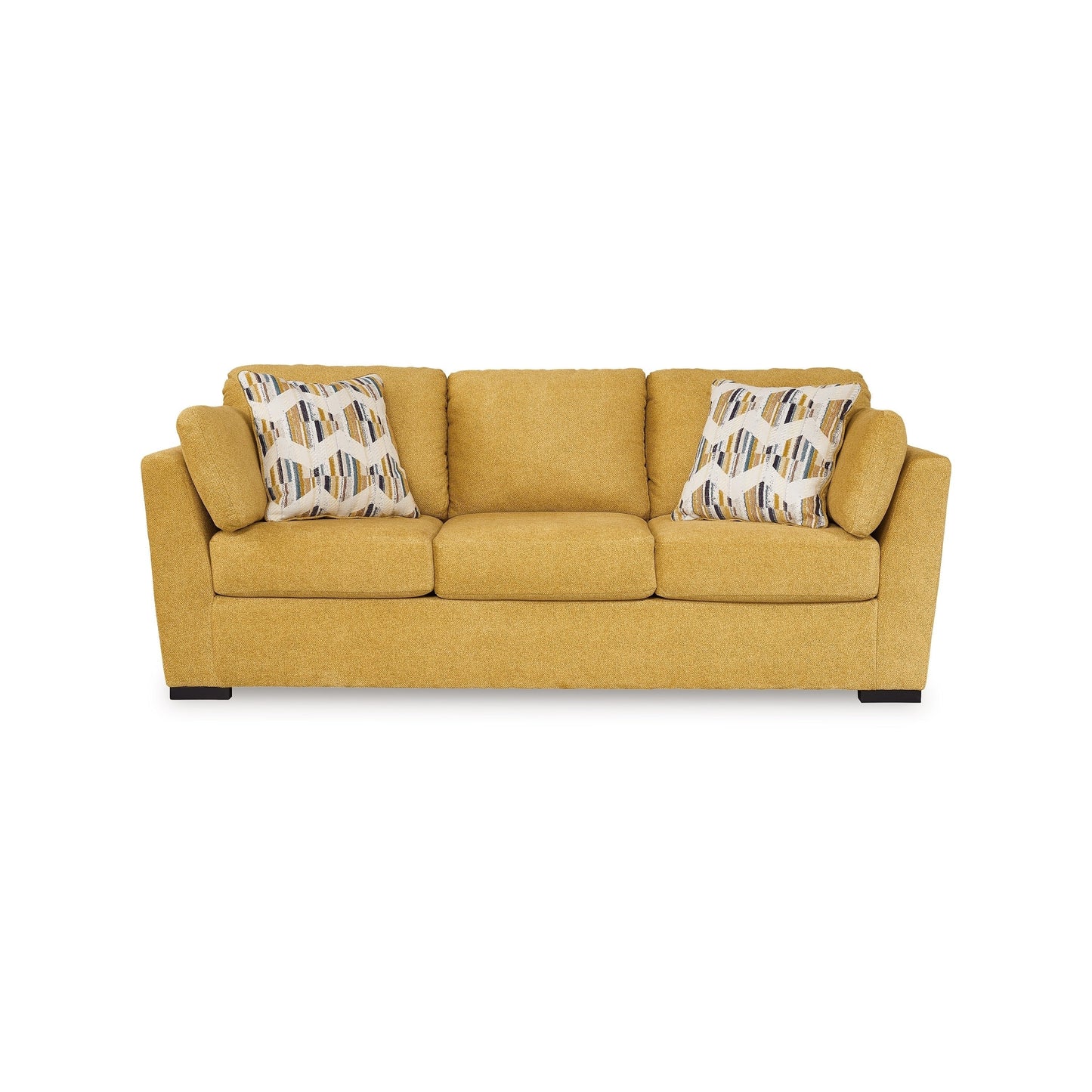Viena Sofa, 2 Accent Throw Pillows, Soft Yellow Faux Velvet 92 Inch