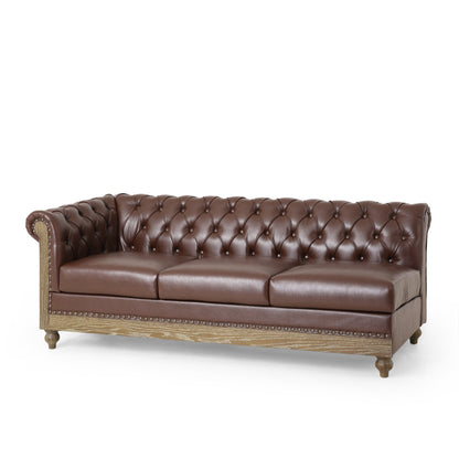 Vintage 6-Seater PU Leather Sectional Sofa with Tufted Back, Nailhead Trim and Wood Legs for Living Room