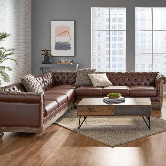 Vintage 6-Seater PU Leather Sectional Sofa with Tufted Back, Nailhead Trim and Wood Legs for Living Room